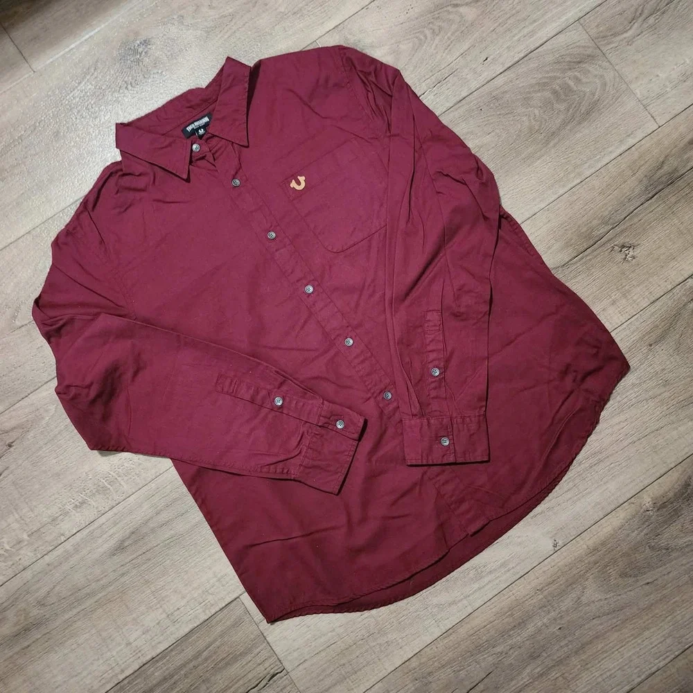 True Religion Mens Burgundy World Tour Buddha Button Down Shirt XL long sleeve